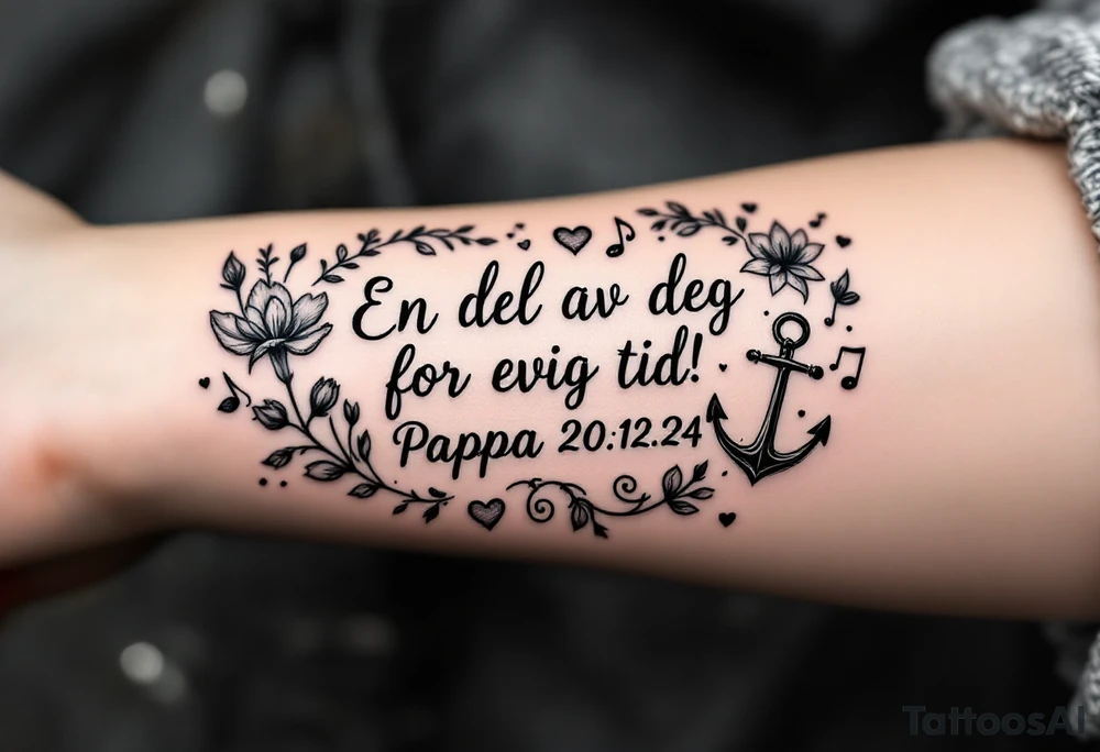 make a quote that says "En del av deg for evig tid! Pappa 20.12.24" Surrounded by gladiolus, music notes, hearts and an anchor tattoo idea