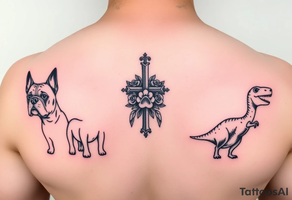 2 bulldogs with 2 dachunds with a paw print, a cross with roses, and a dinosaur tattoo idea