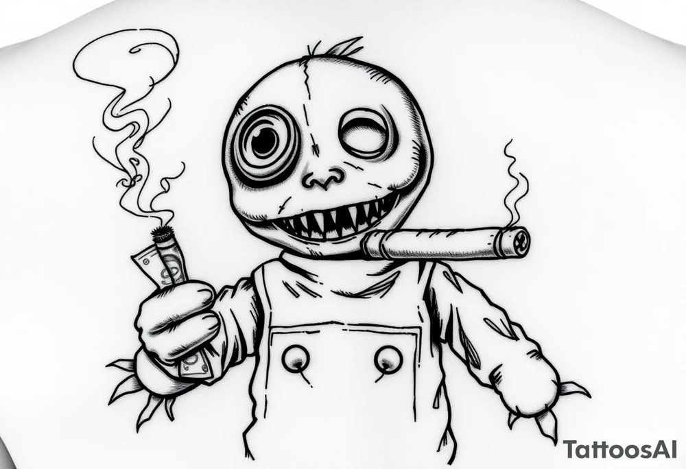 Stitched up rag doll with a button as one eye and some thread as the other. Scary. Warn down. Razor like shark teeth with blood dripping. Holding some money in one hand and a cigar in the other hand. Smoke pouring off the cigar with the cloud of smoke above spelling out the word DOPE tattoo idea