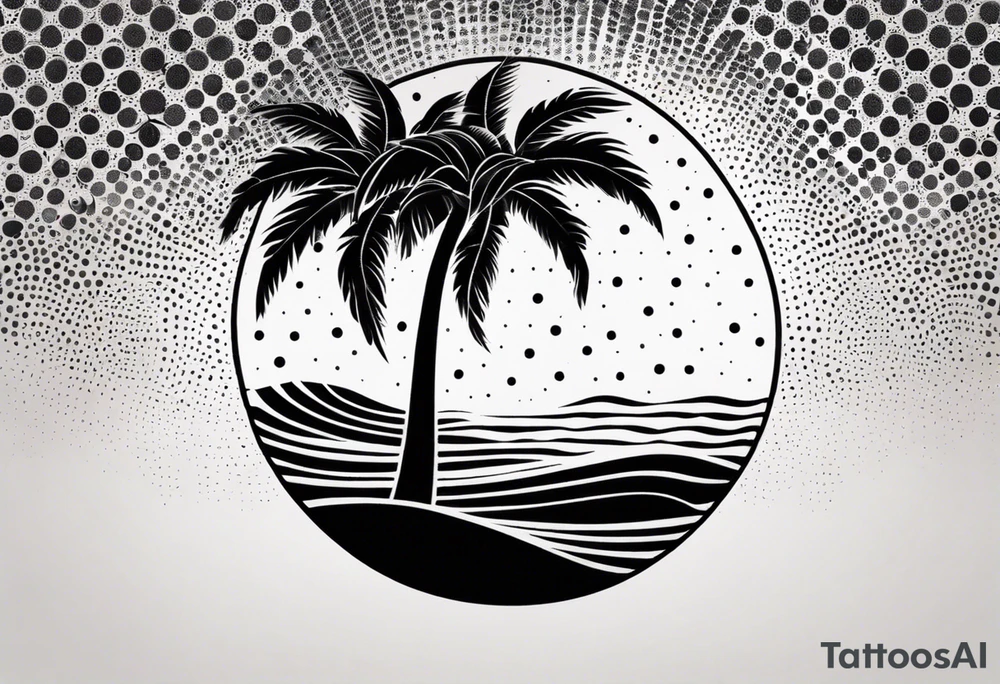 palm tree front of a sun and waves tattoo idea