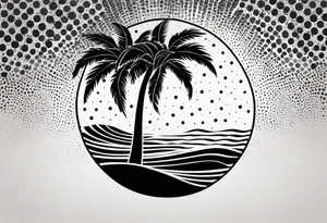 palm tree front of a sun and waves tattoo idea