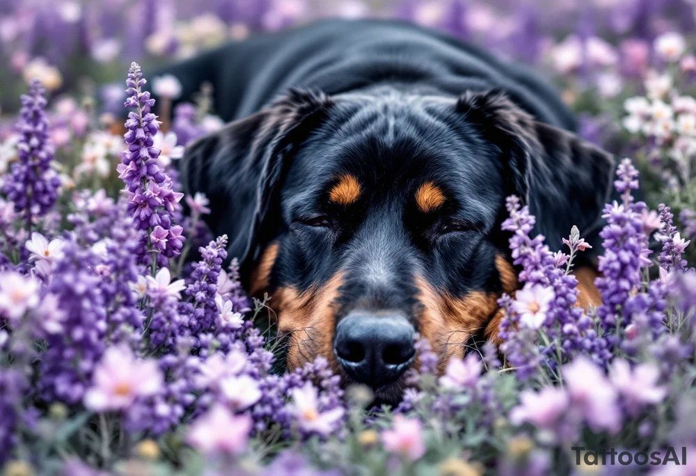 Rottweiler in Flowers – A full-body Rottweiler lying peacefully in a field of purple wildflower tattoo idea