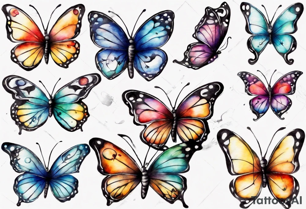 5 butterfly’s dad butterfly, with initial E. O mom butterfly with initial L. O daughter butterfly initial M 2nd daughter with initial M son butterfly initial R.o background the sky beautiful sky colors and grassy area. tattoo idea