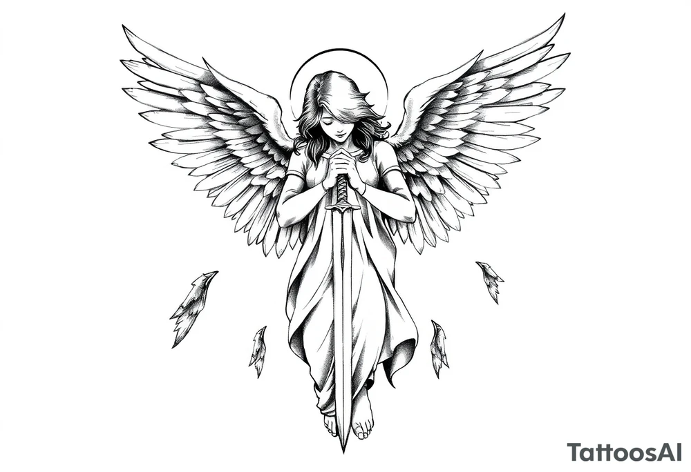 Angel with two wings that are covering its face, two wings covering its feet, and two flying out at its sides while the angel holds a sword tattoo idea