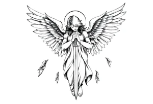 Angel with two wings that are covering its face, two wings covering its feet, and two flying out at its sides while the angel holds a sword tattoo idea