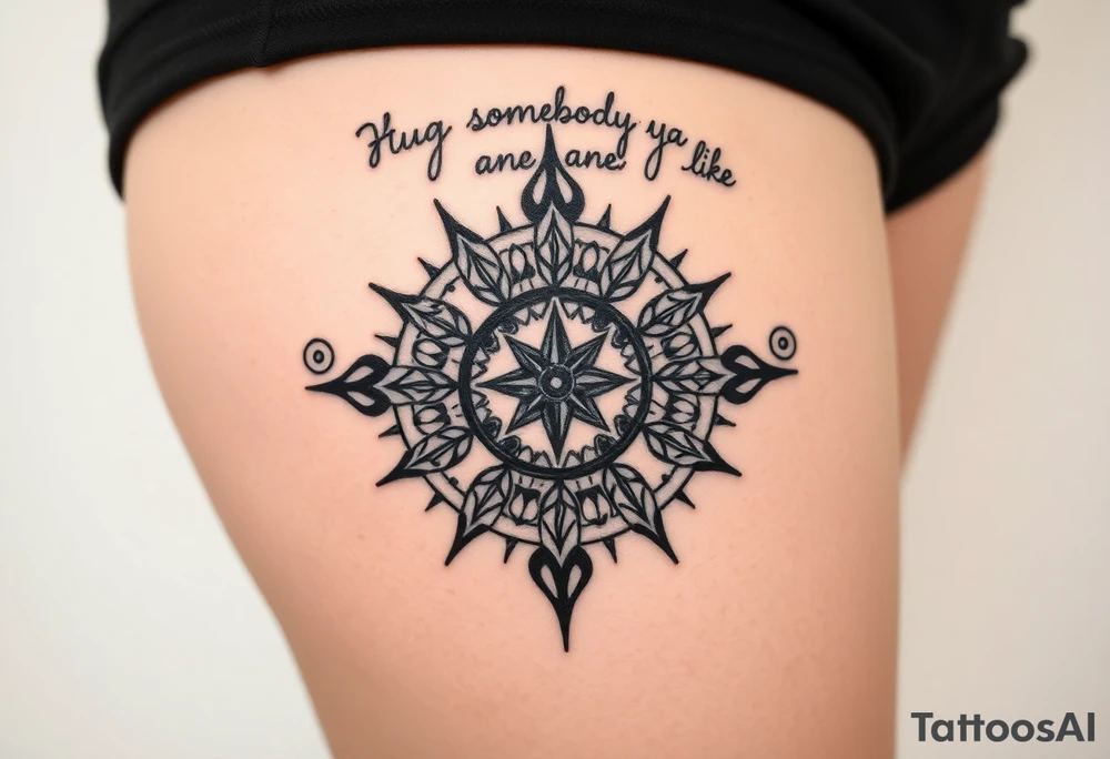 Three dimensional sundial casting shadow with handwriting “Hug somebody ya like” above. tattoo idea