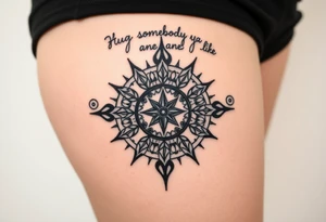 Three dimensional sundial casting shadow with handwriting “Hug somebody ya like” above. tattoo idea