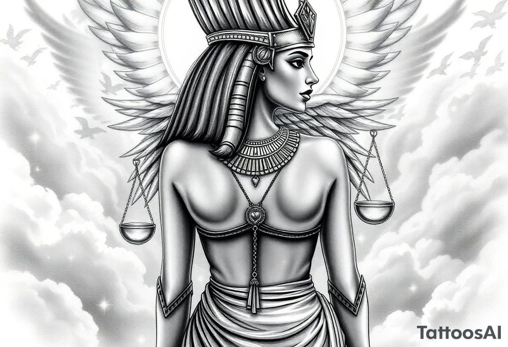 Beautiful Egyptian goddess with a curvy body and breasts covered by a slim dress. She is wearing an ostrich feather headdress, and intricate ancient Egyptian jewelry the Anhk necklace. Background includes something similar to heaven. Incorporate the Scales of Justice—one side holding a heart, the other Ma’at’s feather—glowing with ethereal energy. Emphasize dramatic lighting, deep shadows, and surreal, mystical atmosphere tattoo idea