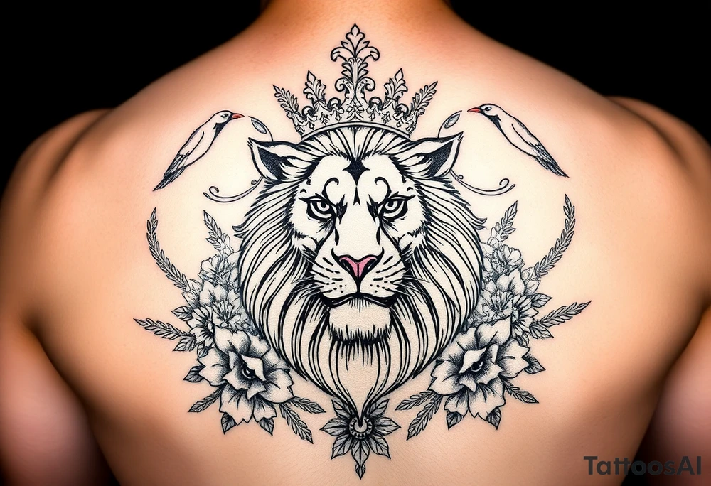 powerful majestic lion with a crown, surrounded by floral ornaments and birds tattoo idea