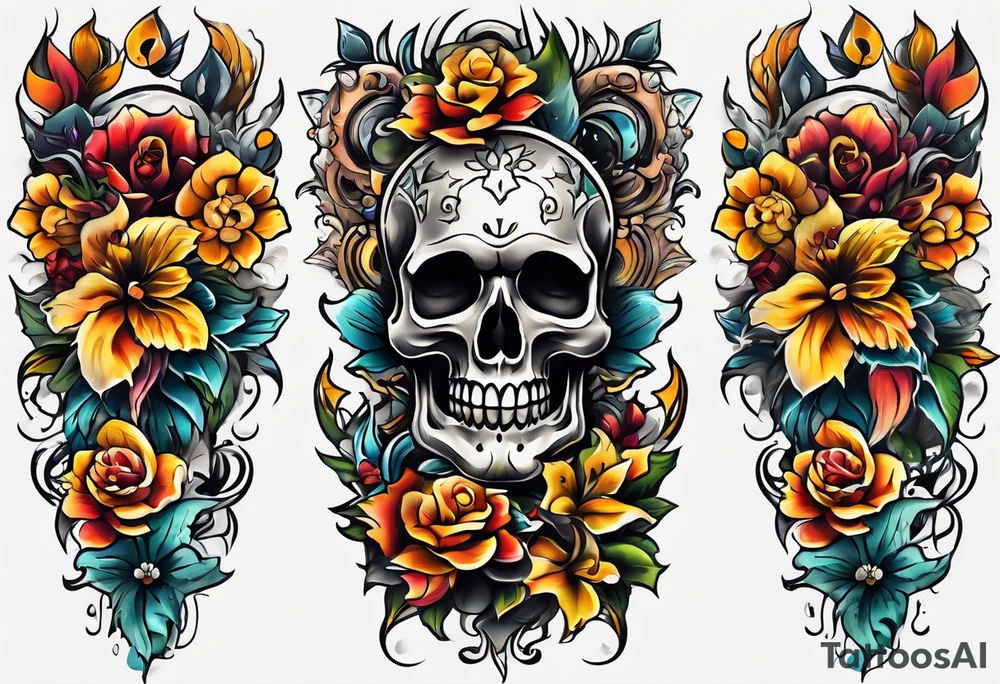 Old school center Knee tattoo with skulls, various flowers, water shapes and fall colors tattoo idea