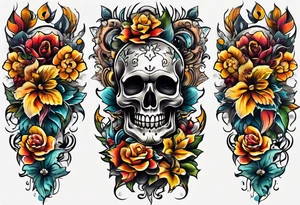 Old school center Knee tattoo with skulls, various flowers, water shapes and fall colors tattoo idea