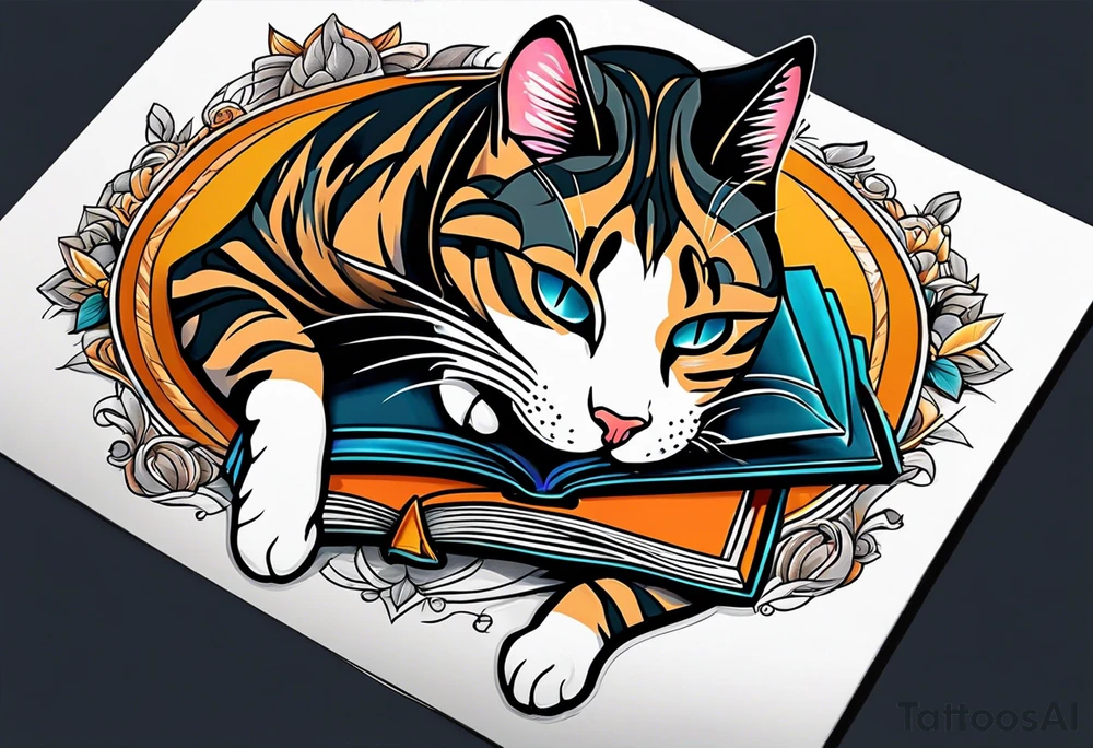 cat sleeping with a book sleeve tattoo tattoo idea