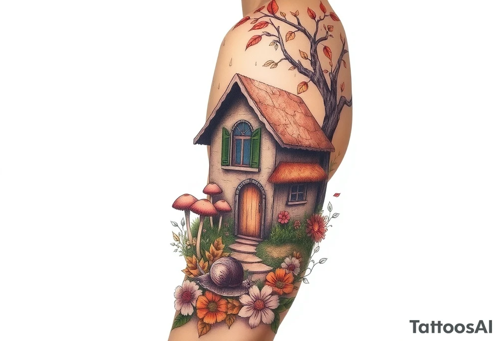 Fall themed cottage surrounded by mushrooms, a snail, add some falling leaves off the tree branches, falling rain, and fall themed flowers as background filler tattoo idea