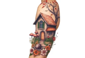Fall themed cottage surrounded by mushrooms, a snail, add some falling leaves off the tree branches, falling rain, and fall themed flowers as background filler tattoo idea