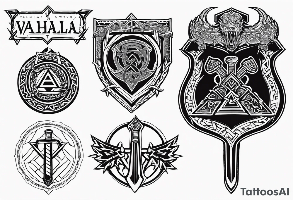 Valhalla sword shield dragon axe Valknut barbed wire chains tattoo idea Valhalla sword shield dragon axe Valknut barbed wire chains tattoo idea