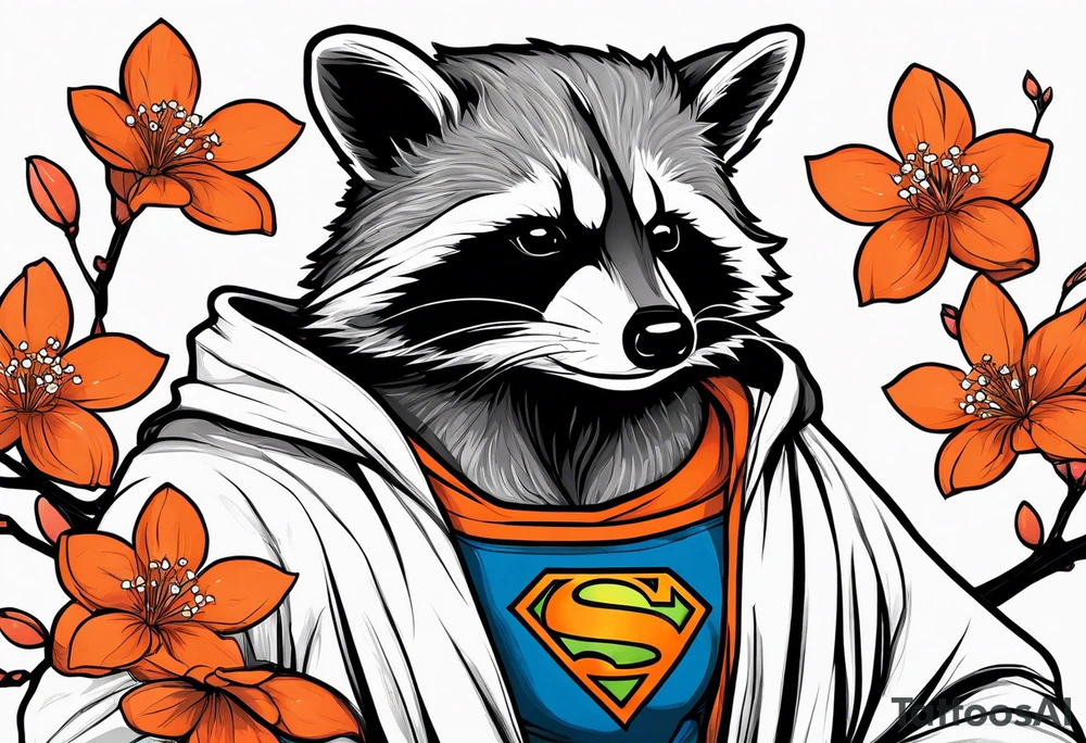 Raccoon wearing a white Superman logo on a black hoodie and orange Japanese cherry blossoms tattoo idea