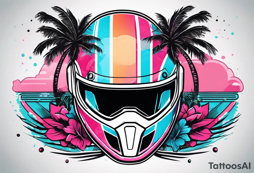 Formula 1 helment with the Miami name a palm tree and light blue black and pink colors tattoo idea