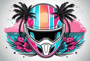 Formula 1 helment with the Miami name a palm tree and light blue black and pink colors tattoo idea
