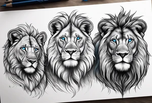Male father lion with blue eyes. Two male cub lions one with blue eyes and the other brown. Father lion protecting cub lions. tattoo idea