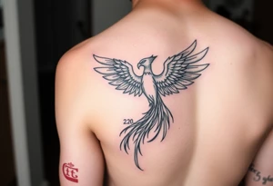 Side arm tattoo with the phoenix rising from the ashes linked with libra sign and based on discipline and the help of God.Geometric and abstract style tattoo idea