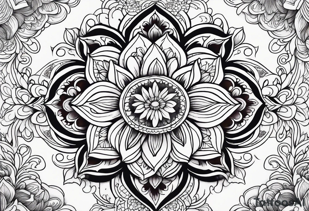 Flowers, colorful, horizontal, botanical with black and white mandala background tattoo idea