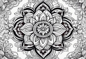 Flowers, colorful, horizontal, botanical with black and white mandala background tattoo idea