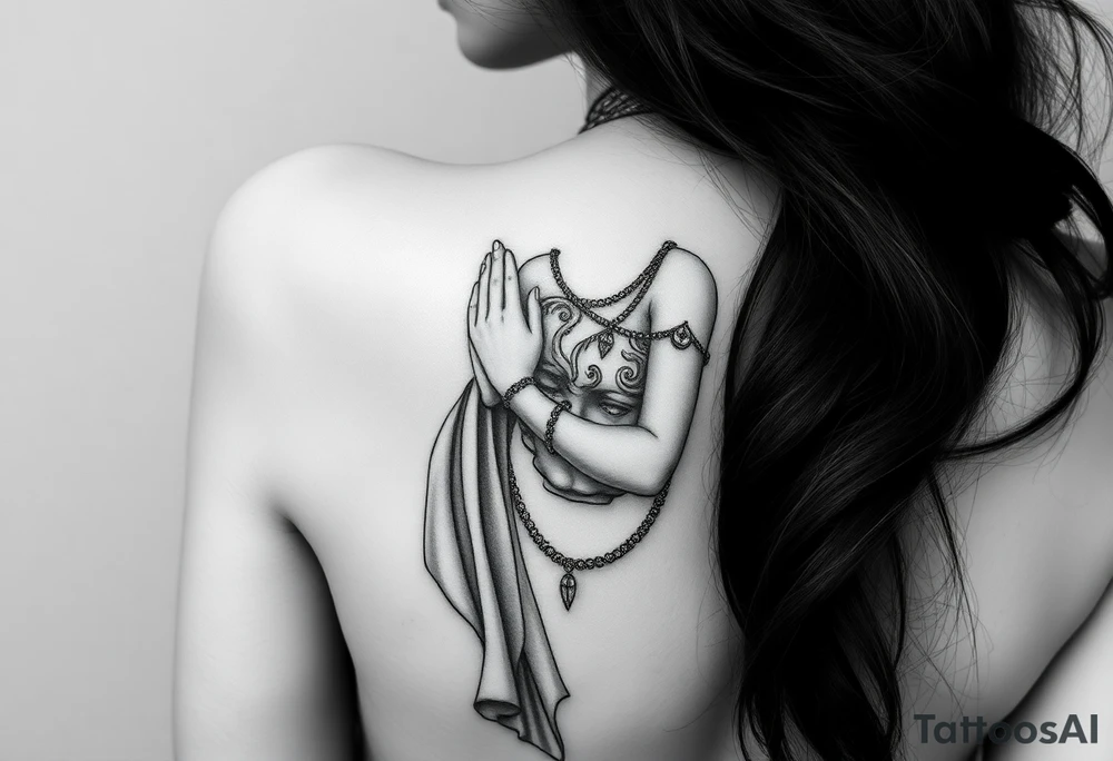 Based on that statue, modify it as if it were praying, with tattoos/damaged statue, with gold necklaces, jewelry, criminal, black and white tattoo style, arm, more feminine. tattoo idea