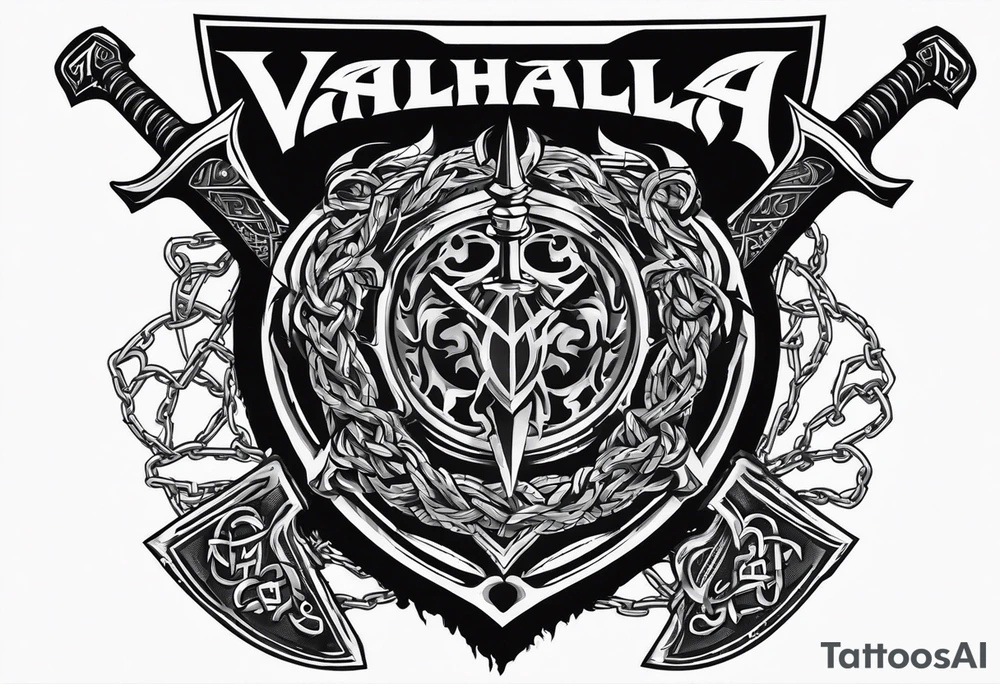 Valhalla sword round shield axe barbed wire chains tattoo idea