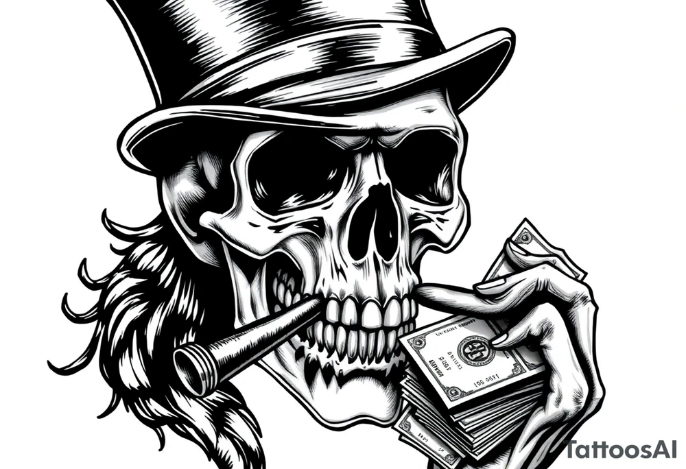 skull with mustache,a big cigar in his mouth,a top-hat on his head and alot of money in a hand. tattoo idea