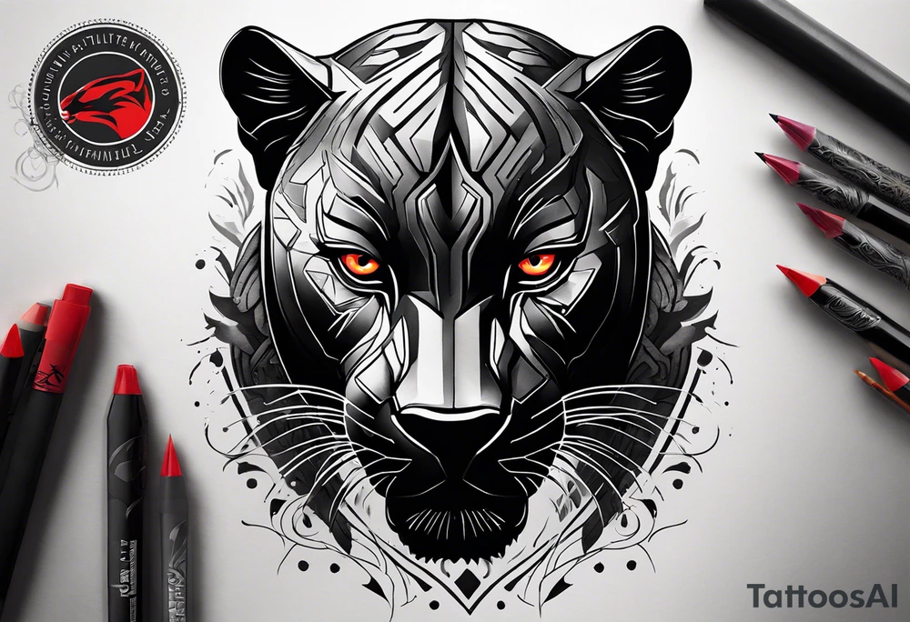 unique black panther tattoo, portrayed in a dynamic pose, showcasing its strength and grace, striking red eyes, intense and captivating elements, artistic flair, blending realism with abstract elements tattoo idea