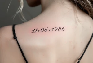 Feminine 11.06.1986 in cursive rose gold ink with a subtle heart between the day and month. tattoo idea