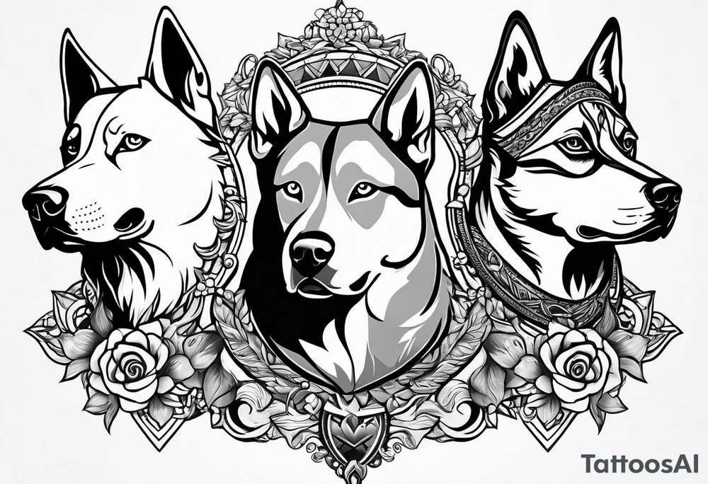 husky and pitbull facing backwards tattoo idea