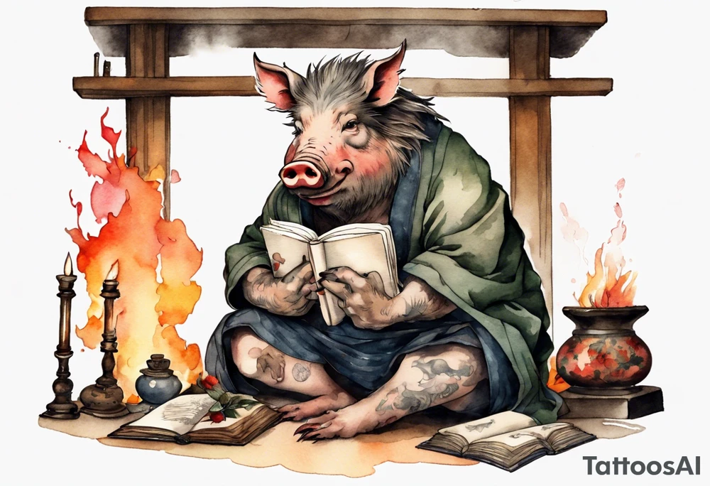 an old boar sitting by the hearth reading a book tattoo idea