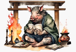 an old boar sitting by the hearth reading a book tattoo idea