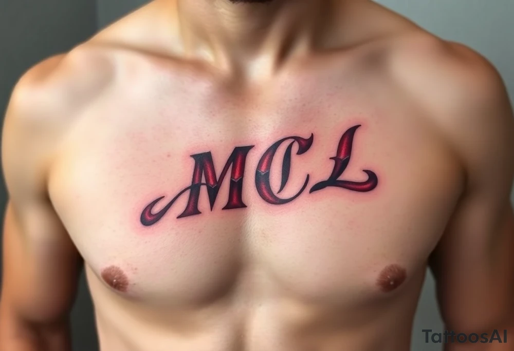 realistic tattoo design of "MCL" on upper left  side of chest, shaded to look as if tattoo was carved into the skin, red and black tattoo idea