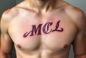 realistic tattoo design of "MCL" on upper left  side of chest, shaded to look as if tattoo was carved into the skin, red and black tattoo idea