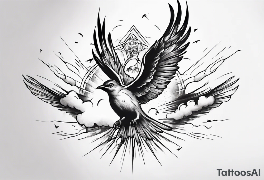 a shoulder tattoo with rays of light, clouds and birds flying free tattoo idea