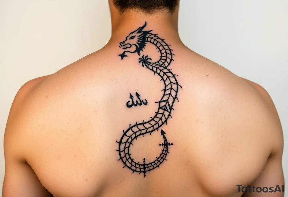 A refined black ink tattoo design for the back,  a minimalist tribal-style dragon curls in a spirals along the spine, symbolizing inner power and spiritual awakening.


 symbolizing spiritual rebirth and clarity.

denoting emotional depth, cycles, and feminine energy.

representing grounding, resilience, and ancestry.

Include subtle tribal and Berber cultural motifs , symbolizing fire, air, water and what u deem in tune with the spirit of the design

Style: sacred geometry meets minimalist tribal art. Fine linework, dotwork, and light shading. Symmetrical layout, clean flow, mystical tone.

Color: Black or dark brown ink only, on light parchment background. tattoo idea