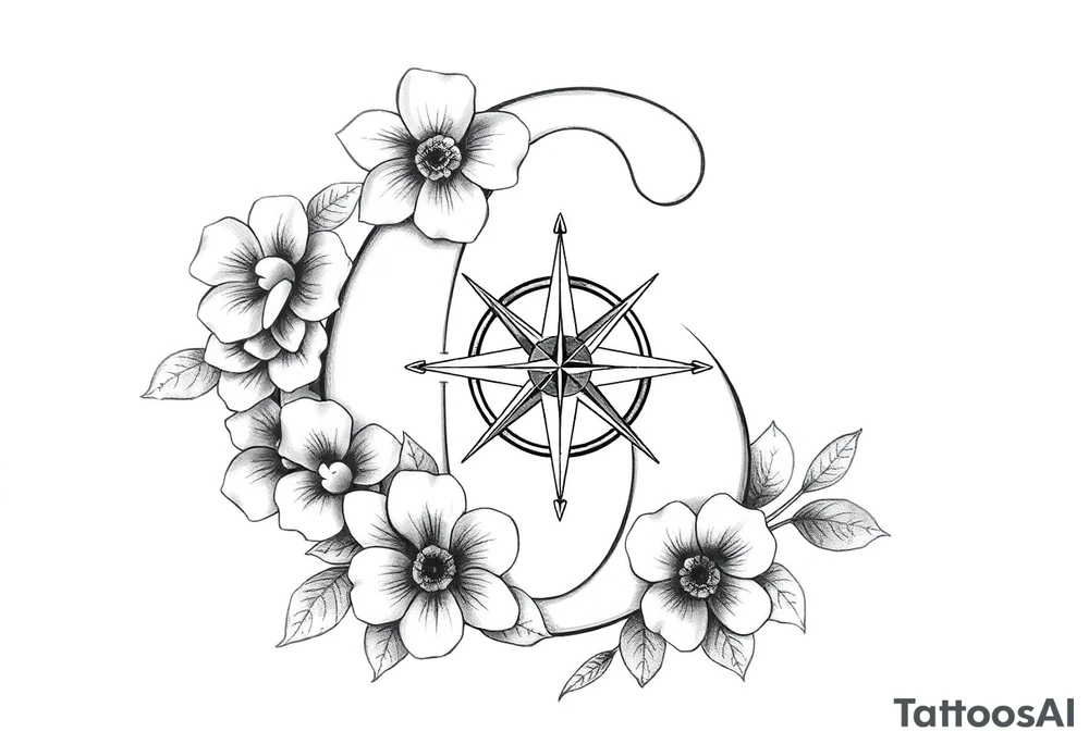 number 6 with flowers surrounding it and a nautical compass in the middle of the 6 and fleur des lis as the cross of the compass tattoo idea