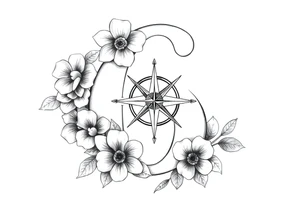number 6 with flowers surrounding it and a nautical compass in the middle of the 6 and fleur des lis as the cross of the compass tattoo idea