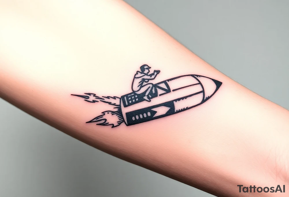Rocket ship with sparks coming out of the back and someone riding it tattoo idea
