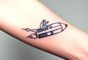 Rocket ship with sparks coming out of the back and someone riding it tattoo idea