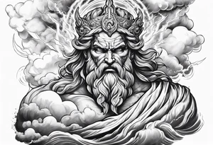 Zeus with a lightning bolt on clouds and Hades in hell below tattoo idea