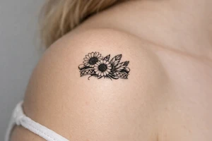 sunflowers with feathers and female Indian tribal ribbon tattoo idea