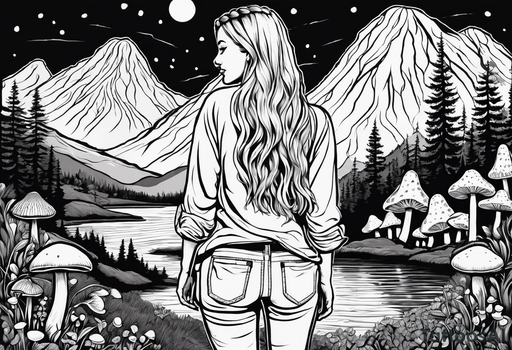 Whole picture encircled fully

Straight long blonde hair hippie girl in distance holding mushrooms in hand facing away toward mountains and creek surrounded by mushrooms long sleeve shirt and hiking pants; whole rendering within a full circle, no cut off circle tattoo idea