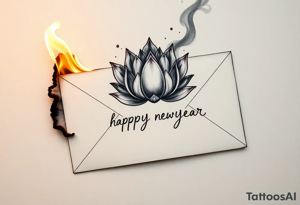 burning envelope with flames, charred paper texture, partially burnt edges, smoke and sparks   lotus flower surrounding envelope, watercolor lotus with gradient petals, traditional ink style lotus   handwritten text "hamburger, happy newyear", vintage cursive font on burnt paper, faded ink effect   neo-traditional tattoo, ink wash lotus, blackwork shading tattoo idea