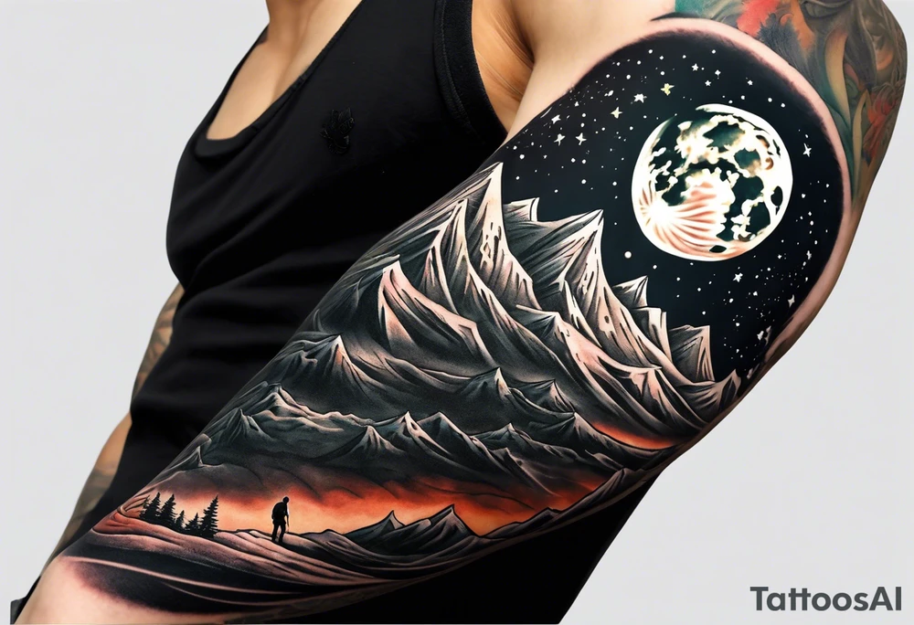 Mountain to moon inspired arm sleeve with a man sitting alone on the moon tattoo idea