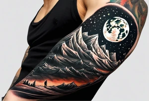 Mountain to moon inspired arm sleeve with a man sitting alone on the moon tattoo idea