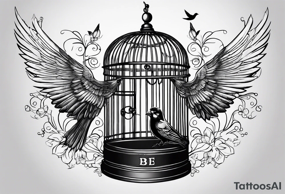 An open bird cage with a bird flying out, with the words ‘be free’ tattoo idea