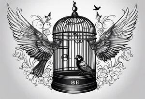 An open bird cage with a bird flying out, with the words ‘be free’ tattoo idea